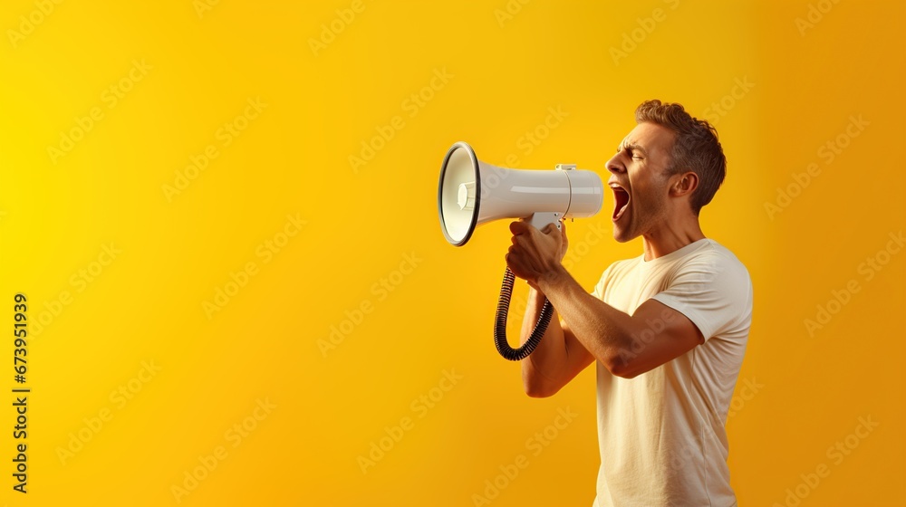 Portrait of young man holding megaphone on yellow background. AI generated Portrait of young man holding megaphone on yellow background. AI generated