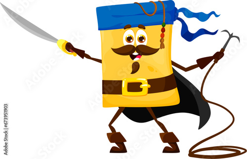 Cartoon italian lasagna pasta pirate character with bandana and sword, vector traditional food of Italy. Happy lasagna sheet corsair sailor personage boarding with grappling hook, cute pasta buccaneer