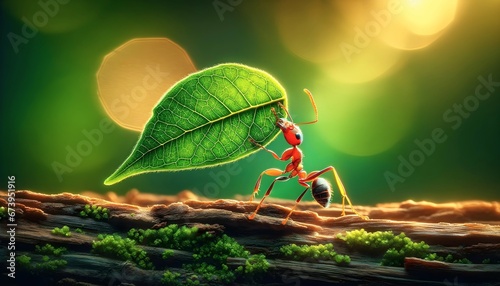Closeup of tiny ant carrying green leaf, wildlife background, wallpaper photo