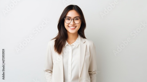 Portrait smiling young asian woman wear eye glasses on white background. AI generated