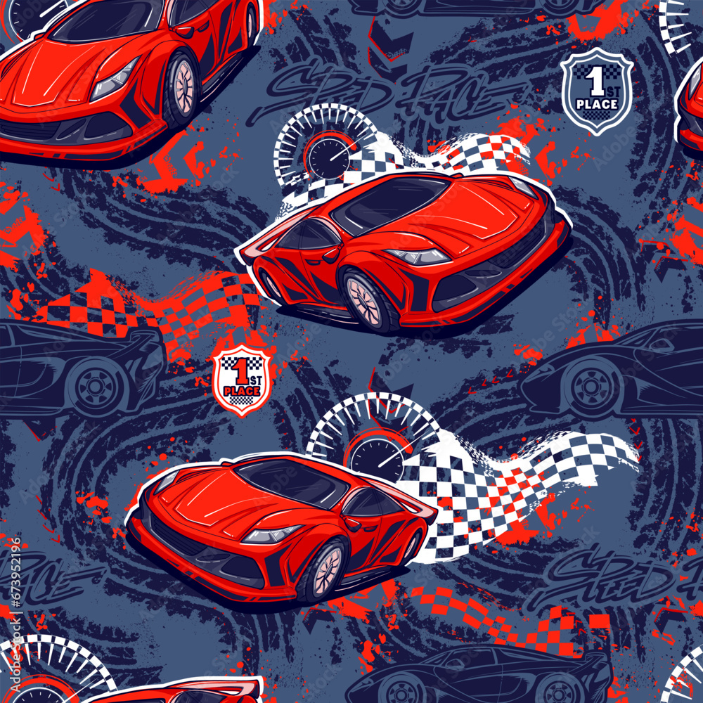 Abstract seamless cars pattern on grunge shape cracked background with shabby texture, arrow, dots,spray paint, ink. Childish style wheel auto repeated backdrop. Red automobile