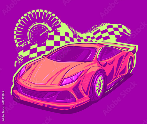 Red sport car illustration for t shirt design. Automobile speed race poster with chequered board, speedometer. grunge background. Lettering print with race auto.