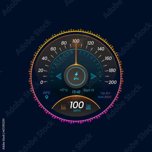 Car speedometer dial, dashboard, counter interface. Car speed meter glowing gauge panel, EV motorbike speedometer indicator or auto engine rev vector counter. Electric vehicle dashboard element