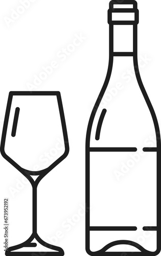 Bottle of white wine and glass isolated outline icon. Vector aged wine dry light alcohol drink in glass bottle. Winery product, thin line