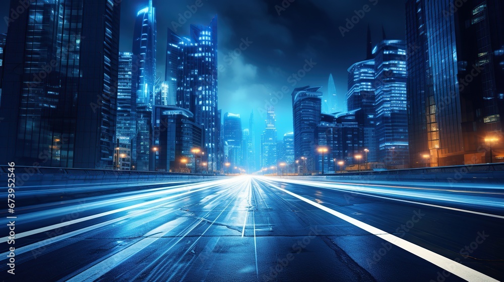 Naklejka premium Rainy wet night in the big city, empty road with blur background. AI generated image