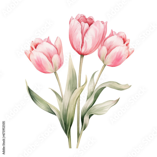 Watercolor drawing of a bouquet of delicate pink tulips  clipart on white background