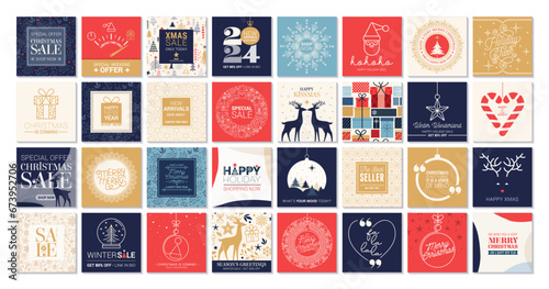 Christmas Greetings Social Media Layouts with Blue, Red, and Beige Accents