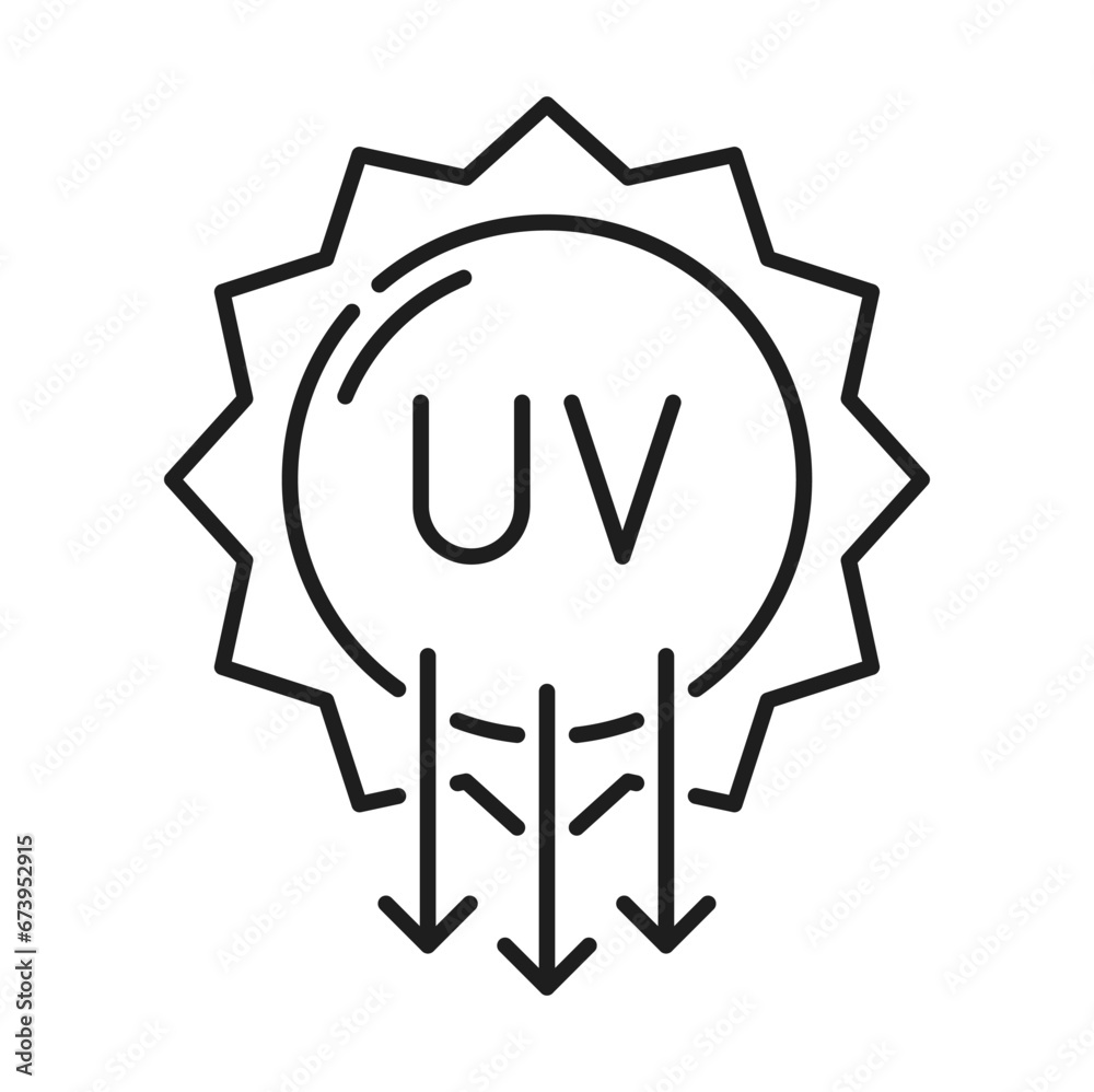 Sun protection icon design. UV symbol. SPF sign, ultra violet rays radiation. Vector sunlight radiation waves, arrows pointing down
