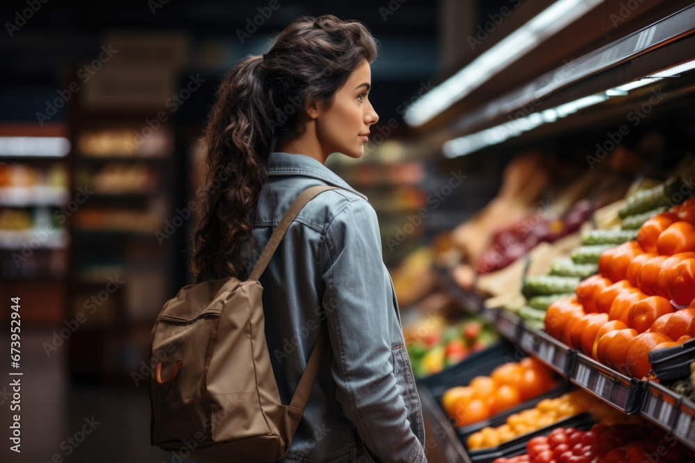 A young woman browses the shelves of a supermarket, inspecting various products with interest.