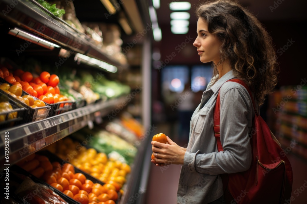A young woman carefully browses the shelves of a supermarket, inspecting various vegan products with interest.