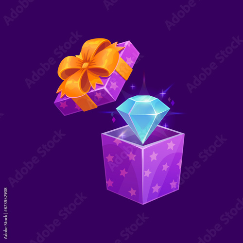 Game gift box and gem. Cartoon bonus, present and reward prize icon with vector open box and shining diamond. Game ui assets for casino, surprise giveaway, achievement award, lottery draw or raffle