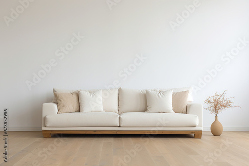 Elegant beige sofa with soft cushions and a textured vase with dried branches in a bright, neutral-toned living space. Empty wall. Copy space for your artwork, picture, poster