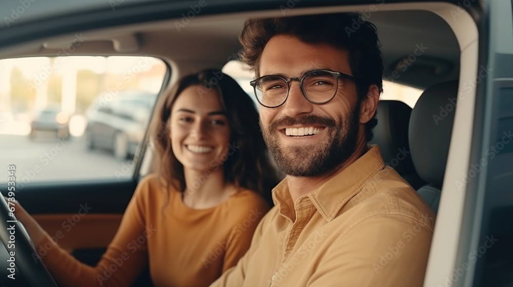 Side view portrait of happy young couple driving new car. AI generated image - obrazy, fototapety, plakaty 
