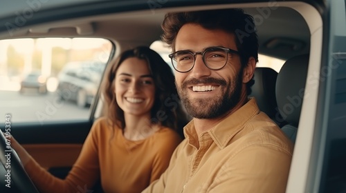 Side view portrait of happy young couple driving new car. AI generated image