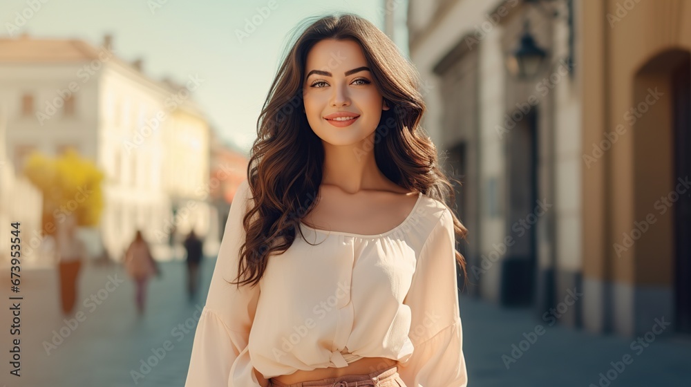 Beautiful young fashion girl standing in front of store. AI generated image Beautiful young fashion girl standing in front of store. AI generated image
