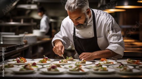 A chef is preparing delicious food dishes in the kitchen of a superb restaurant
