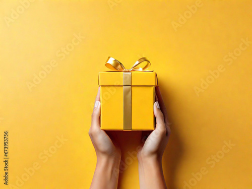 Yellow giftbox in hands photo
