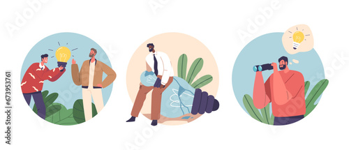 Isolated Round Icons or Avatars with Characters Undergoing Idea Crisis Unable To Generate Innovative Solutions
