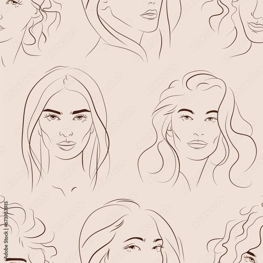 Vector seamless pattern with faces of young women. Hand drawn background with people