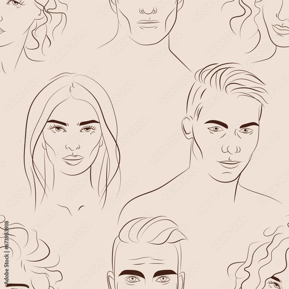 Vector seamless pattern with faces of young men and women. Hand drawn background with people Vector seamless pattern with faces of young men and women. Hand drawn background with people