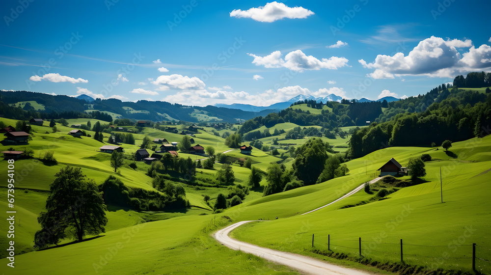 A photo of the Bavarian countryside, with rolling hills as the background, during a tranquil summer day