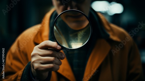 A person holding a magnifying glass to examine a suspicious deepfake