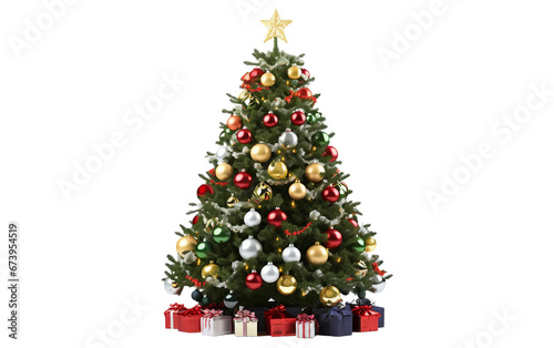 Amazing Unique Decorated Christmas Tree with Ornaments and Gifts Isolated on Transparent Background PNG.