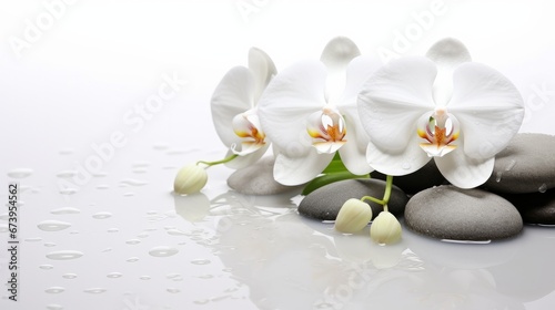 Water drops  white background  white orchids  and spa stones