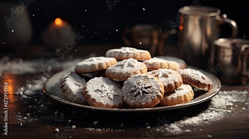 Arranged old-fashioned Christmas cookies, dusted with powdered sugar. Merry christmas. 