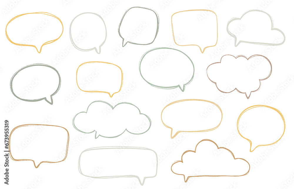 Set of colorful speech bubbles balloons, empty space for text, textured sketch, warm neutral colors, png transparent background Set of colorful speech bubbles balloons, empty space for text, textured sketch, warm neutral colors, png transparent background