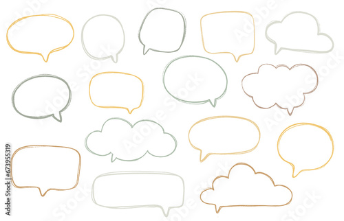 Set of colorful speech bubbles balloons, empty space for text, textured sketch, warm neutral colors, png transparent background