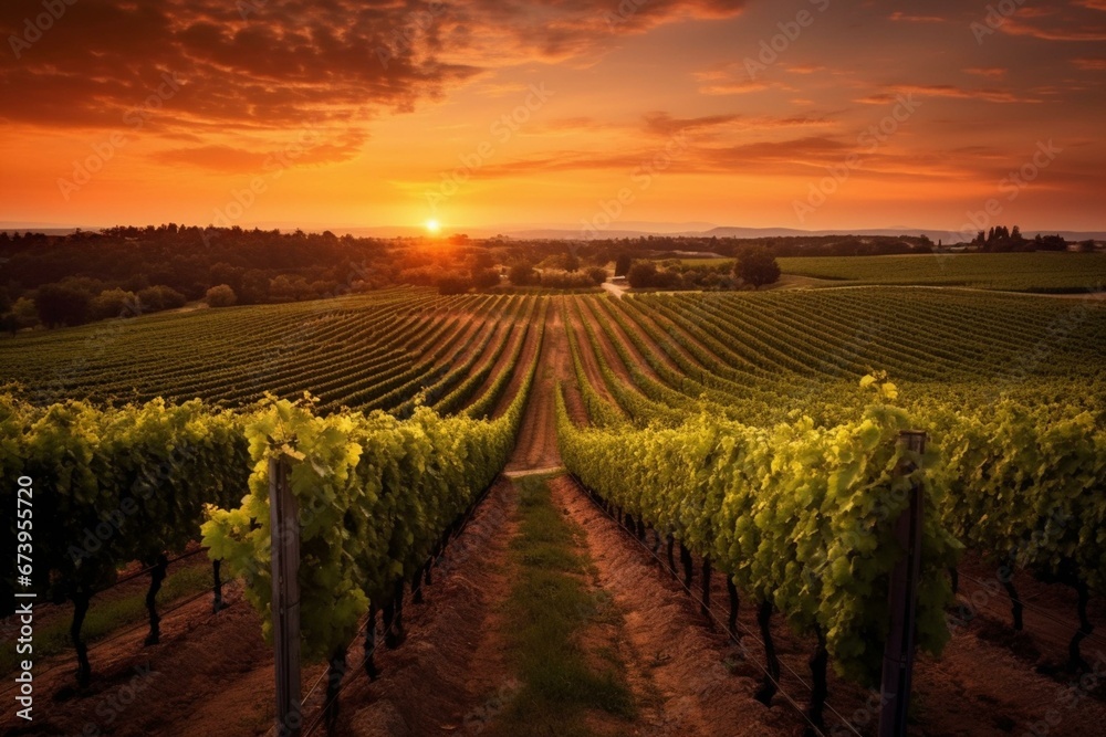 Stunning vineyard, lush scenery. Rows of vines at sunset. Generative AI
