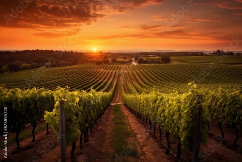 Stunning vineyard, lush scenery. Rows of vines at sunset. Generative AI