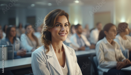 A female doctor nurse In the background of a medical training class. Generative Ai.