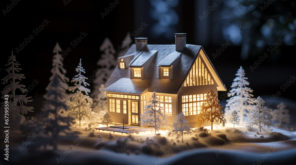 Makieta domku w śnieżnej scenerii, jasno oświetlony noc w tle. - obrazy, fototapety, plakaty 