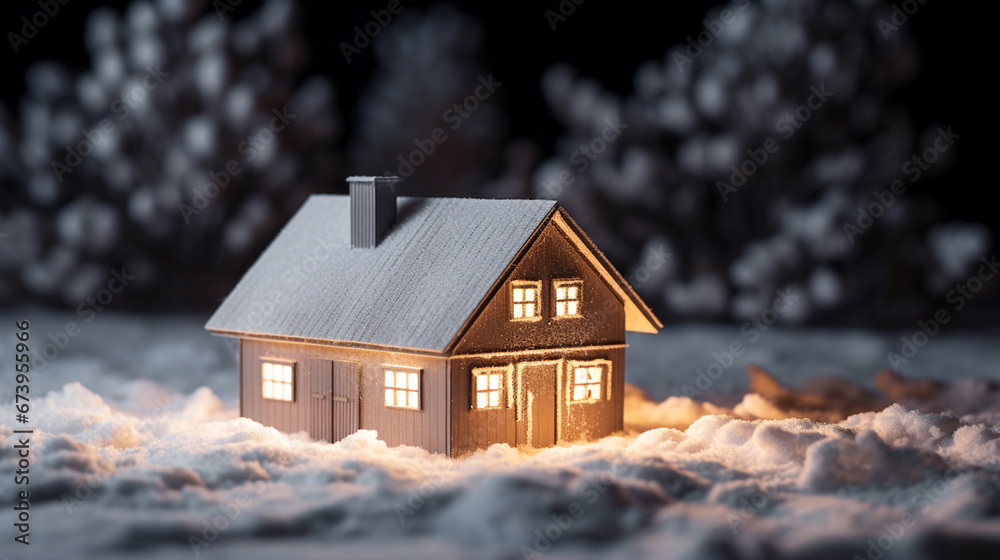 Makieta domku w śnieżnej scenerii, jasno oświetlony noc w tle. - obrazy, fototapety, plakaty 