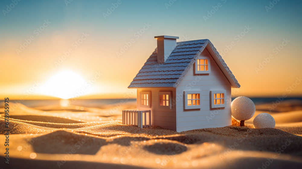 Makieta domku rodzinnego na plaży z zachodzącym słońcem w tle - obrazy, fototapety, plakaty 