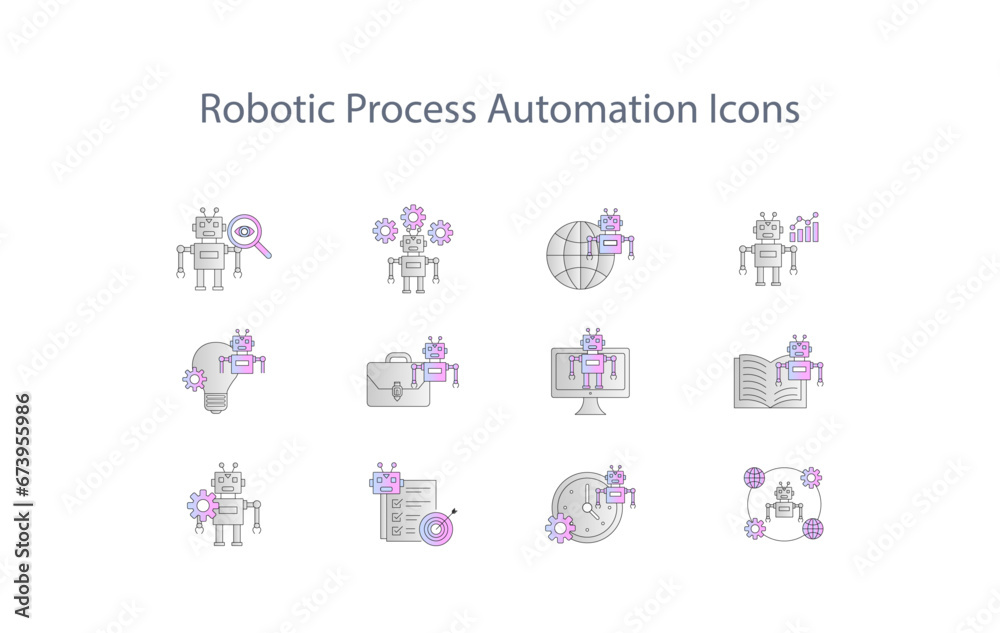 Modern outline RPA Robotic Process Automation technology icon set, Robotic Technology, Machine, Learning, AI vector icons concepts. Modern outline RPA Robotic Process Automation technology icon set, Robotic Technology, Machine, Learning, AI vector icons concepts.