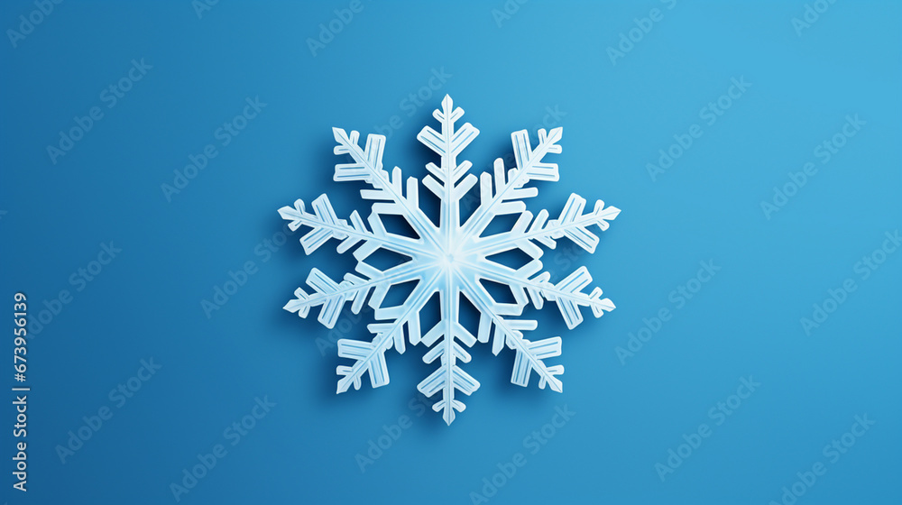 Pojedyncza biała śnieżynka na jednolitym niebieskim tle - obrazy, fototapety, plakaty 