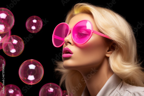 Fashion, make-up, style concept. Beautiful blonde woman with soap bubbles and sunglasses minimalist close-up studio portrait. Vivid colors, pop-art style