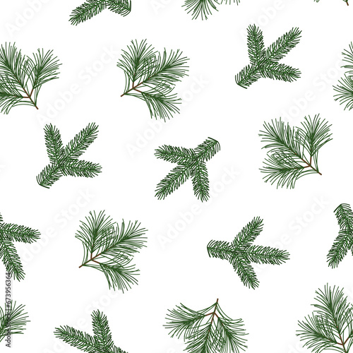 Christmas wrapping paper design or decorative seamless pattern with illustrations of green coniferous branches on transparent background