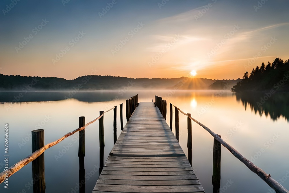 A serene and tranquil scene unfolds on a brown wooden dock in front of a body of water - AI Generative
