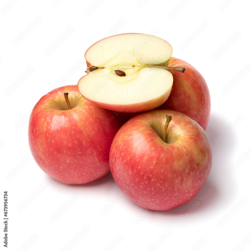 Whole and halved Pink Lady apples isolated isolated on white background Whole and halved Pink Lady apples isolated isolated on white background