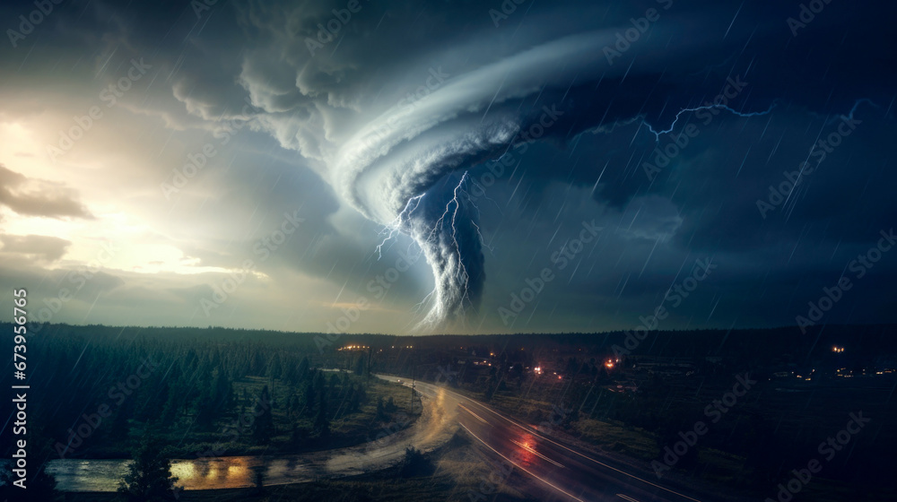 A city beneath the awe-inspiring might of a tornado, witnessing the transformation of the natural environment into a disaster zone - obrazy, fototapety, plakaty 