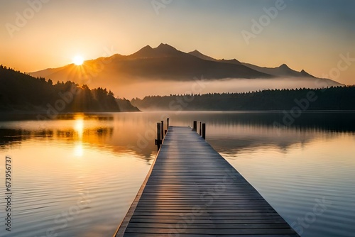 A serene and tranquil scene unfolds on a brown wooden dock in front of a body of water - AI Generative © Max_T