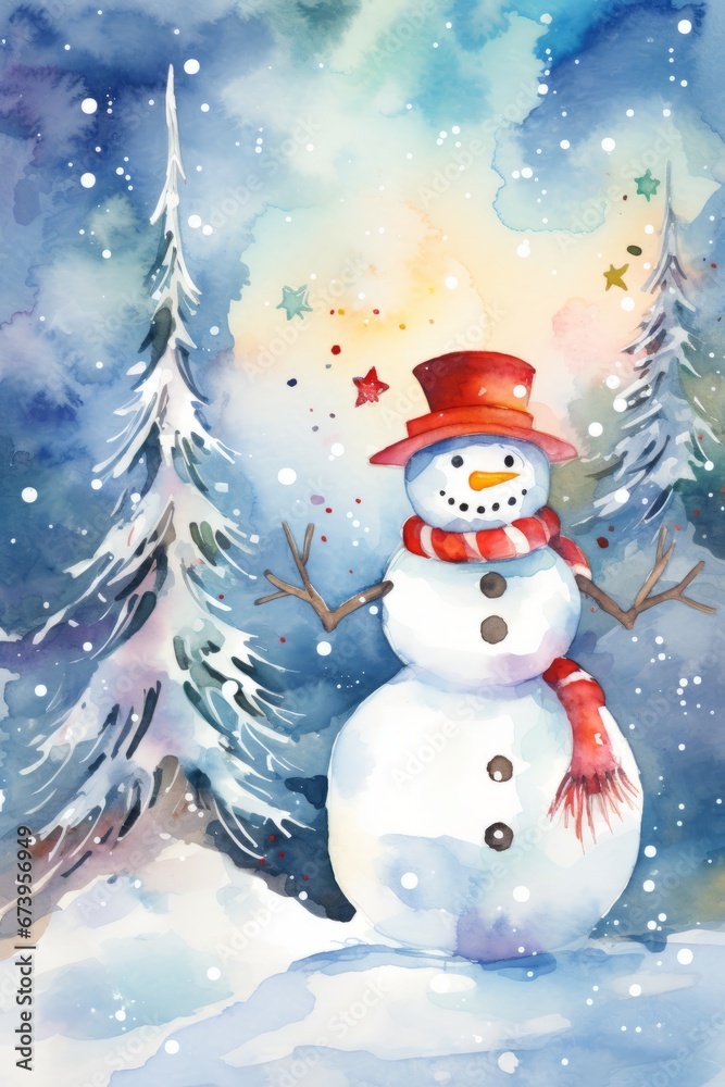 Snowman in snowy winter forest watercolor christmas greeting card, 