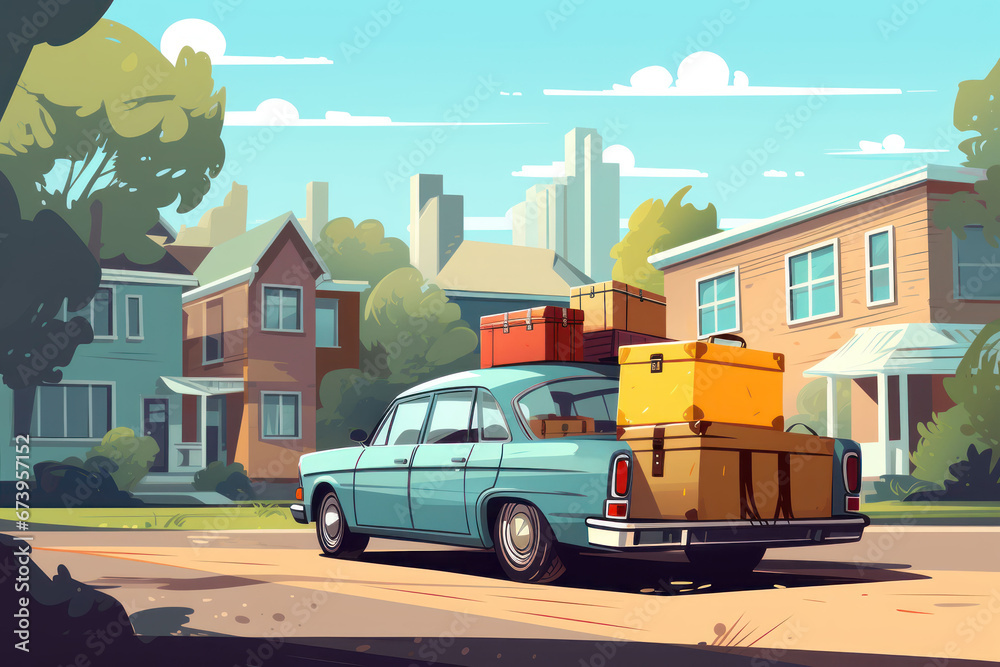 Open trunk of a car with suitcases and belongings, moving to another accommodation, moving out of a student's home or traveling concept, illustration