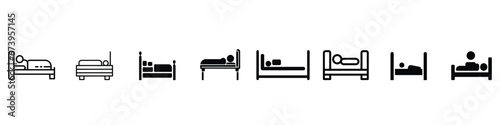 sleeping icon, hotel icon, bed icon, Man in a hospital bed, linear icon. A sick person in the hospital. Bed rest, Relax linear icon. 