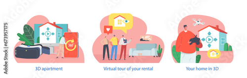 Isolated Elements With People Characters Excitedly Exploring A 3d Apartment Tour, Gesturing And Discussing The Features