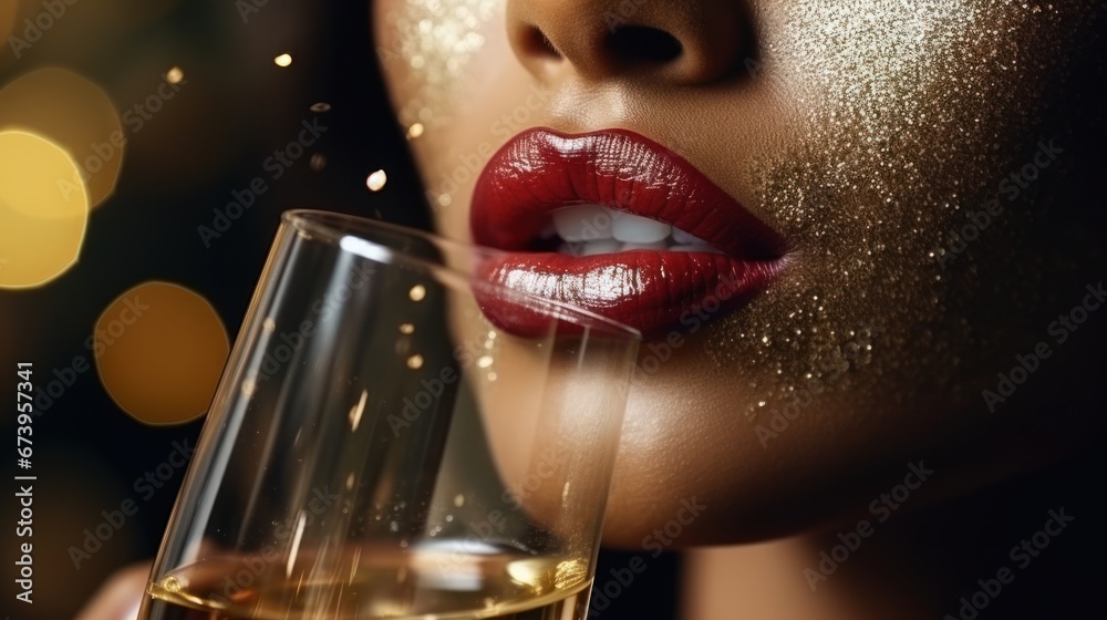 glamour portrait of a beautiful girl with a glass of tasty champagne at new year's party closeup - obrazy, fototapety, plakaty 